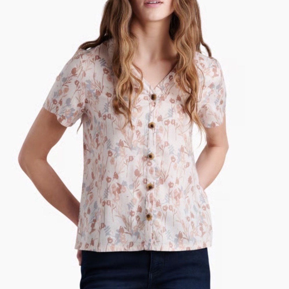 KUHL Hadley Short Sleeve Sandstone Floral Tencel Blouse Small Outdoor